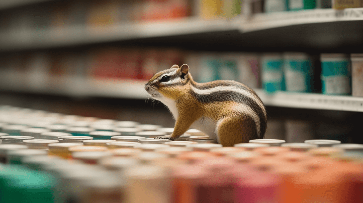 A detailed photo of a chipmunk carefully selecting colors from a paint store taken with a full-frame DSLR camera, using a 50mm prime lens with cinematic lighting --v 5 --ar 16:9