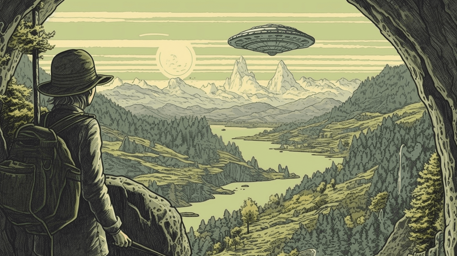 A vintage Franco-Belgian comic art of an olive-skinned young man with glasses, exploring a beautiful alien world, bright sunny weather, detailed landscape --ar 16:9 --q 2 --s 750 --v 5