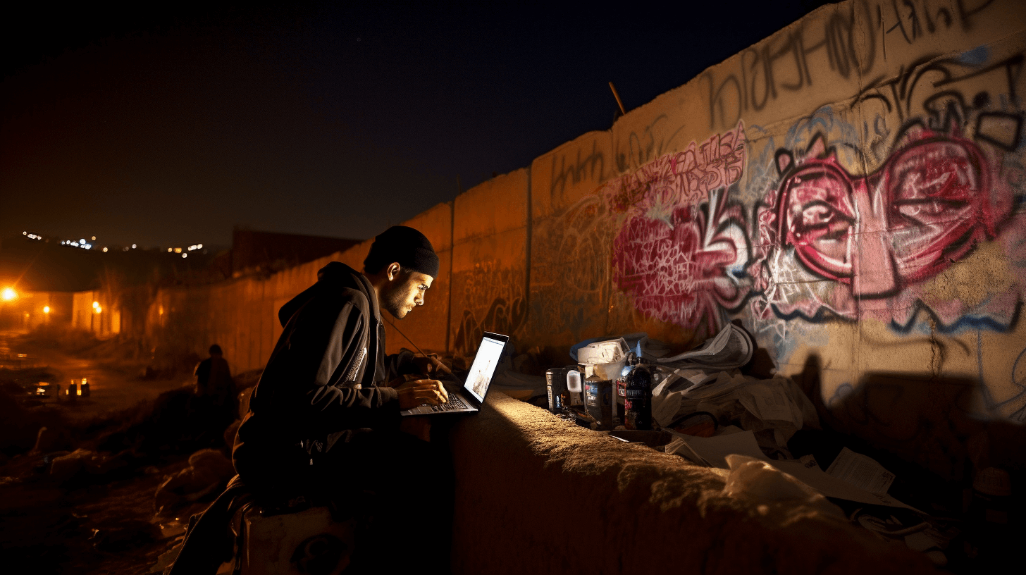 A detailed image of a hacker intently working on their laptop in front of a border wall during twilight, taken with a DSLR camera, using a wide-angle lens with dramatic cinematic lighting, the walls have political slogans and art spray painted on them --v 5 --ar 16:9